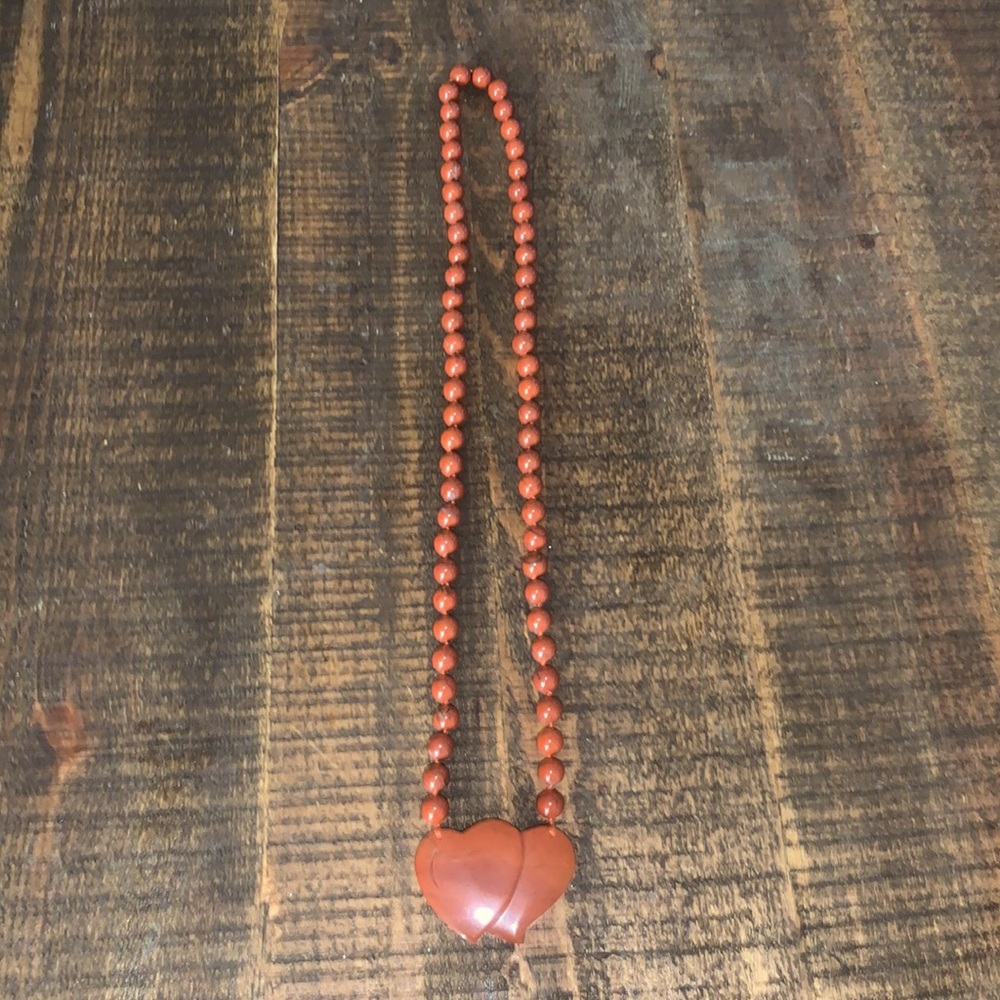 VINTAGE 2 HEART RED JASPER NECKLACE. ITEM # 48.